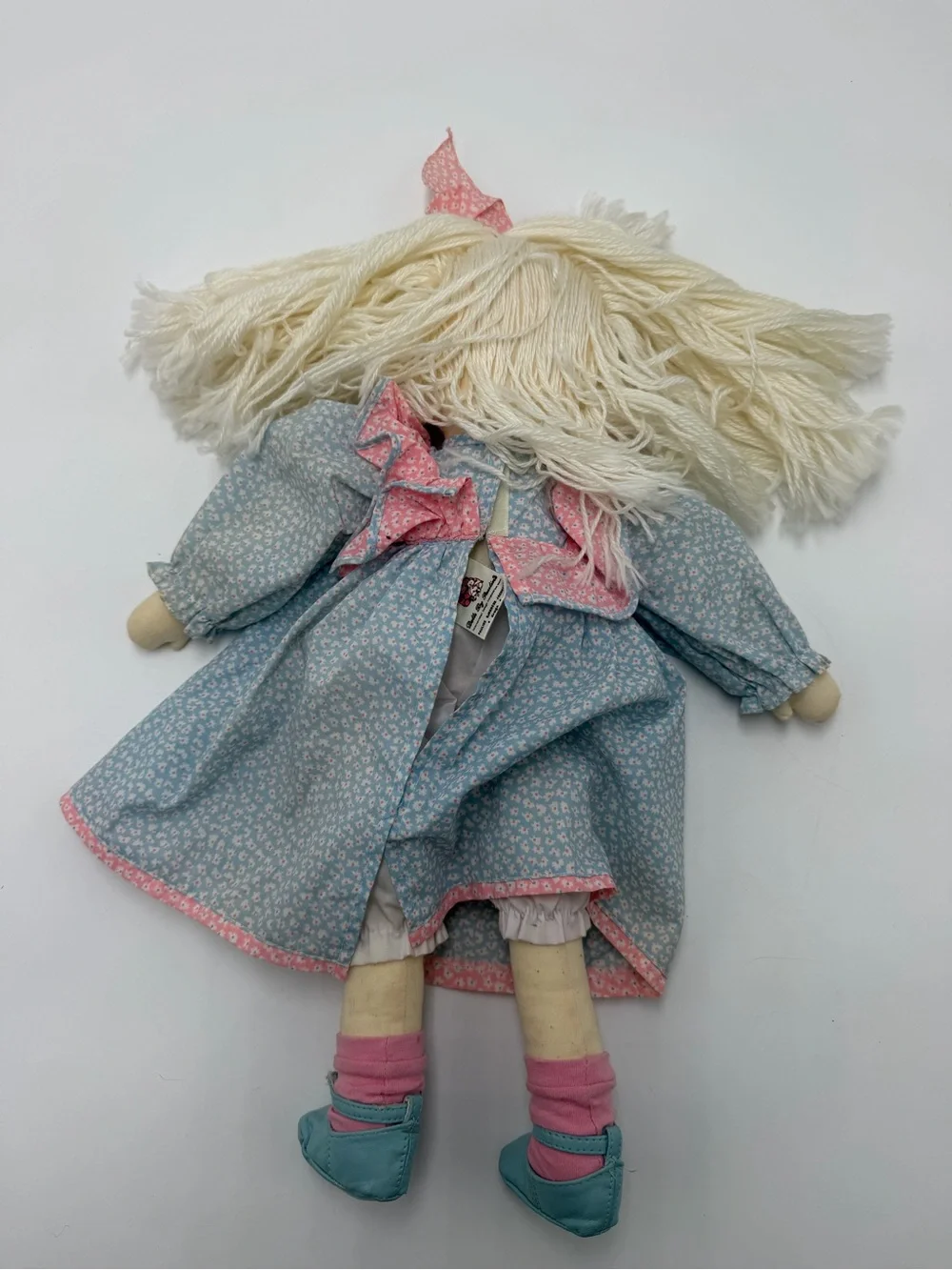 Vintage Dolls By Pauline Blonde Cloth Rag Doll Blue Pink Floral Dress 18 Inch